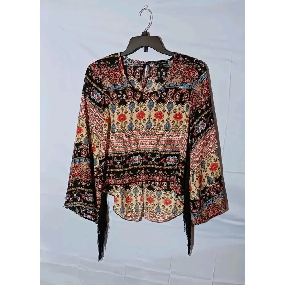 See You Monday Womens Medium Paisley Long Sleeve Black Fringed Cropped Top Boho - Picture 1 of 10